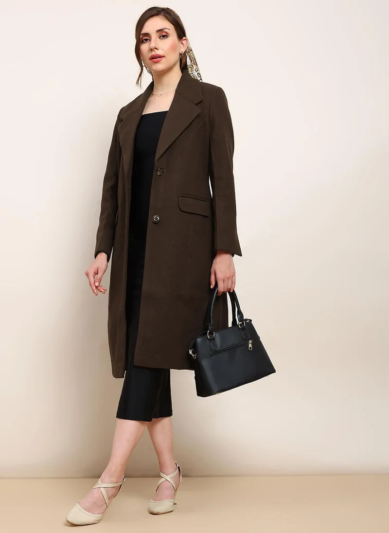 جلو باص Globus Women Brown Solid Notched Lapel Long Sleeve Knee Length Winterwear Overcoat